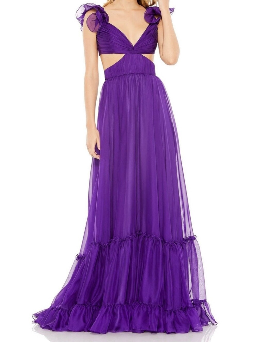 Mac Duggal 70254 Purple Ruched Ruffled Shoulder Cut Out Lace Up Gown 4 NWT Prom - Picture 2 of 13